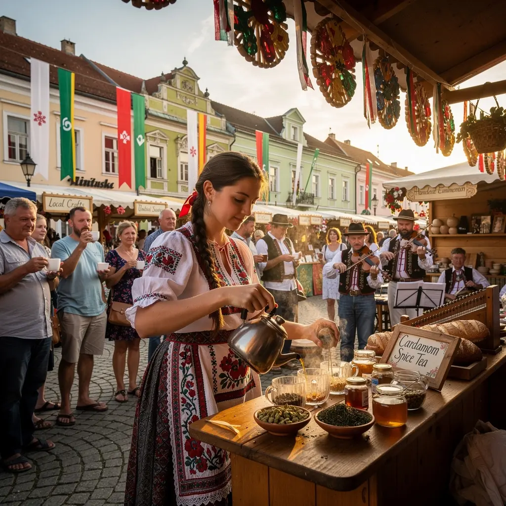 Egy csésze forró tea, fűszeres aromákkal, háttérben zöld növényekkel.