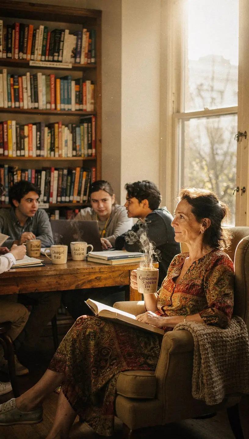 Fűszeres kardamomos tea gőzölgő csésze, aranyszínű folyadékkal.